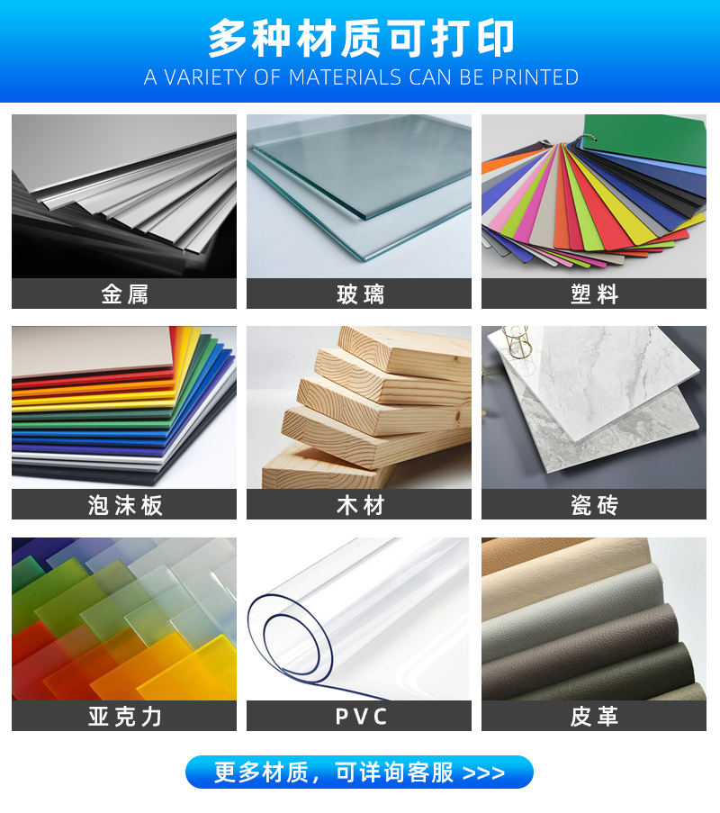 可打印的材料：金屬。玻璃、塑料